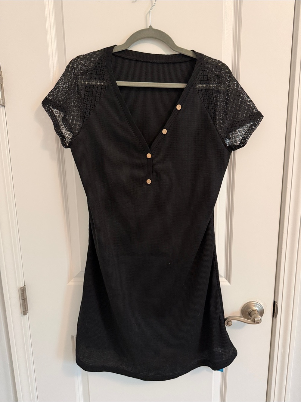 Women’s bathing suit coverup Black Short Sleeve V-Neck with Lace Shoulders